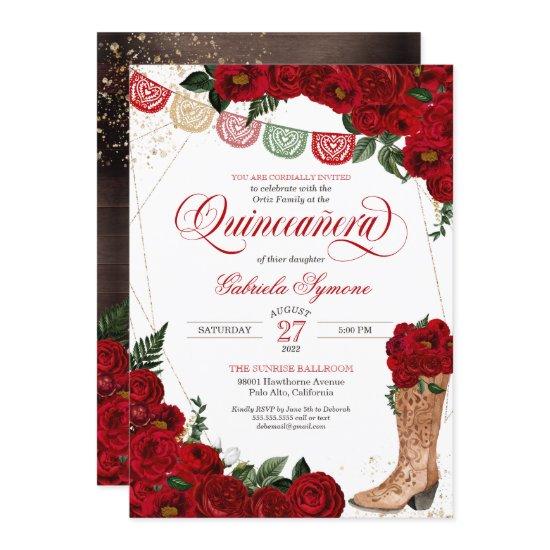 Red Roses Rustic Western Charro Boots Quinceañera