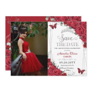 Red Roses Silver Butterflies Quinceanera Sweet 16 Save The Date