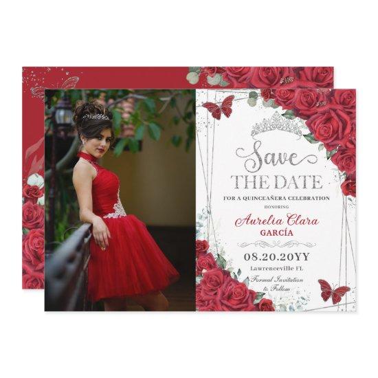 Red Roses Silver Butterflies Quinceanera Sweet 16 Save The Date