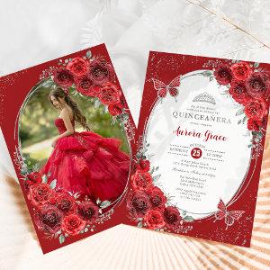 Red Roses Silver Quinceañera 15th Birthday Party