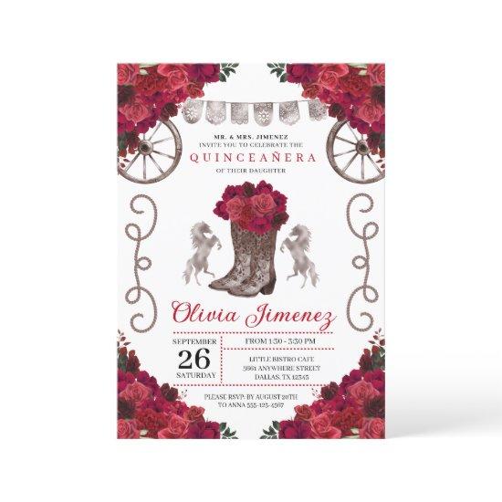 Red Roses Silver Western Cowgirl Boots Quinceanera