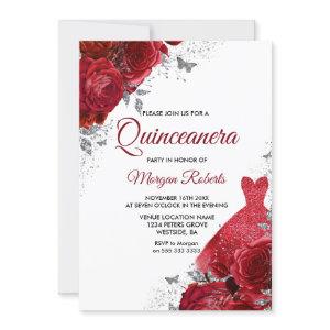 Red Roses Sparkle Dress Silver Quinceanera