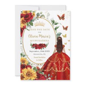 Red Roses Sunflower Princess Gold Quinceañera Save The Date