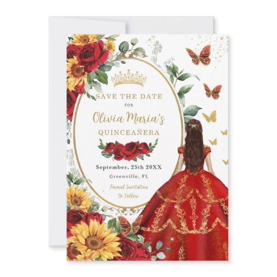 Red Roses Sunflower Princess Gold Quinceañera Save The Date