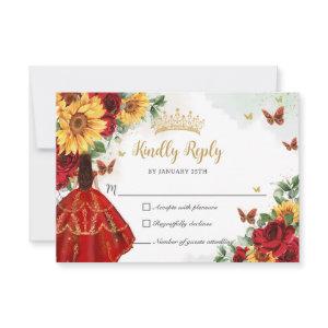 Red Roses Sunflowers Princess Quinceañera RSVP Card