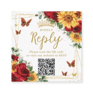 Red Roses Sunflowers Quinceanera RSVP QR Code Enclosure Card