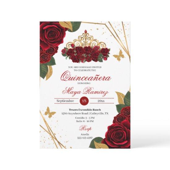 Red Roses Tiara Gold Glitter Quinceañera
