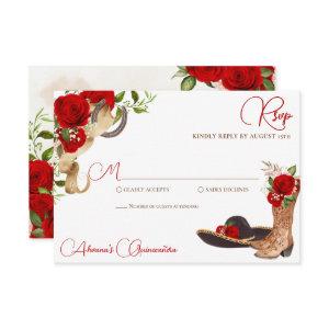 Red Roses Vintage Charro Western Quinceanera RSVP Card