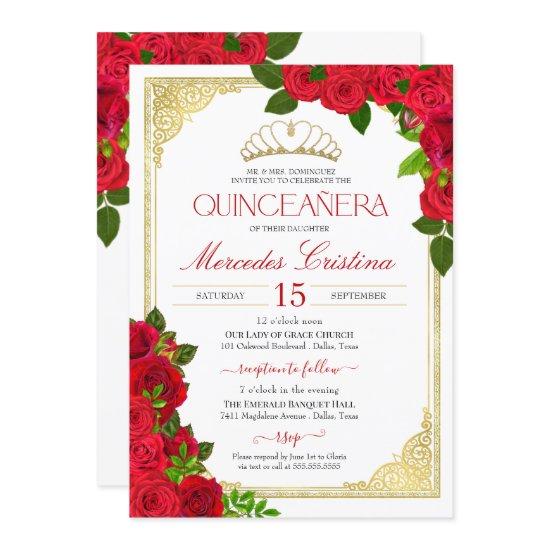 Red Roses White and Gold Elegant Quinceañera