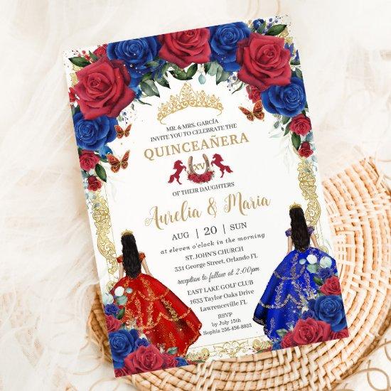 Red Royal Blue Floral Girls Twins Quinceañera XV