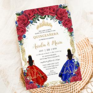 Red Royal Blue Floral Girls Twins Quinceañera XV