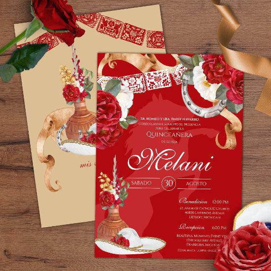 Red Rustic Floral Charro Quinceanera Birthday