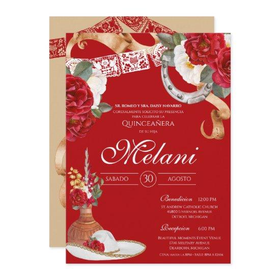 Red Rustic Floral Charro Quinceanera Birthday