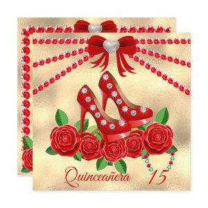 Red Shoes, Jewels And Rose Flower Quinceañera