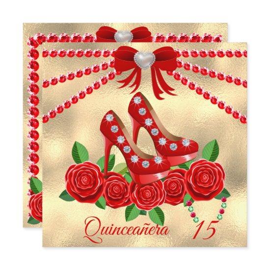 Red Shoes, Jewels And Rose Flower Quinceañera