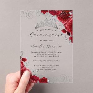 Red Silver Clear Acrylic Floral Quinceanera  Acrylic