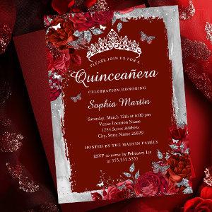 Red Silver Elegant Floral Butterfly Quinceanera  Foil