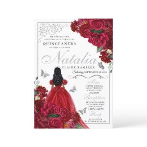 Red & Silver Floral Quinceanera Birthday Invitatio