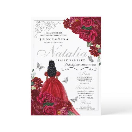 Red & Silver Floral Quinceanera Birthday Invitatio