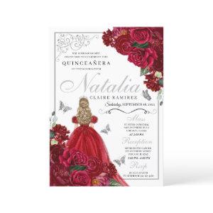Red & Silver Floral Quinceanera Birthday Invitatio