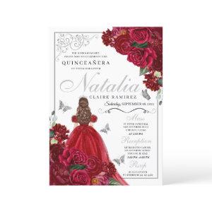 Red & Silver Floral Quinceanera Birthday Invitatio