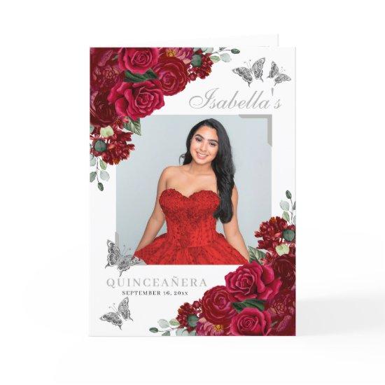 Red & Silver Floral Quinceanera Tiara Butterflies Program