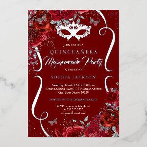 Red Silver Floral Scroll Masquerade Quinceanera Foil