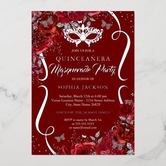 Red Silver Floral Scroll Masquerade Quinceanera Foil