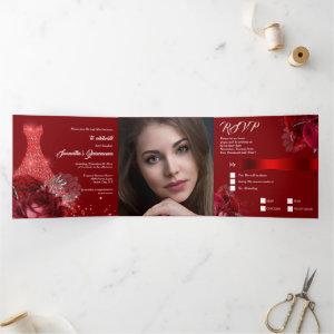 Red silver PHOTO floral rose ball gown girls Tri-Fold