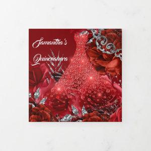 Red silver rose womans PHOTO floral birthday   Tri-Fold