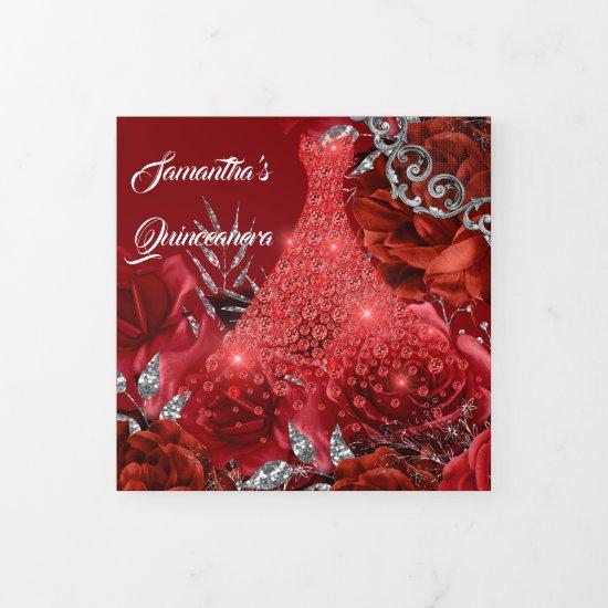 Red silver rose womans PHOTO floral birthday   Tri-Fold