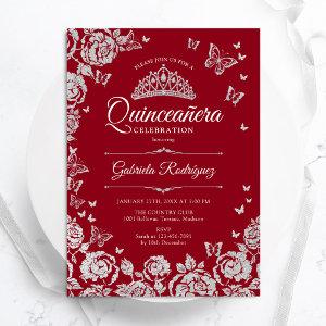 Red Silver Roses Butterflies Quinceanera