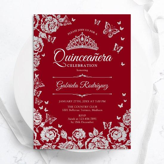 Red Silver Roses Butterflies Quinceanera