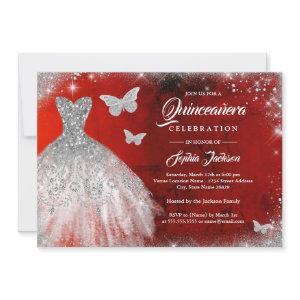Red Silver Sparkle Dress Butterfly Quinceanera
