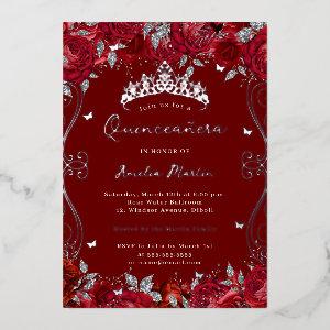 Red Silver Swirl Scroll Floral Quinceanera  Foil