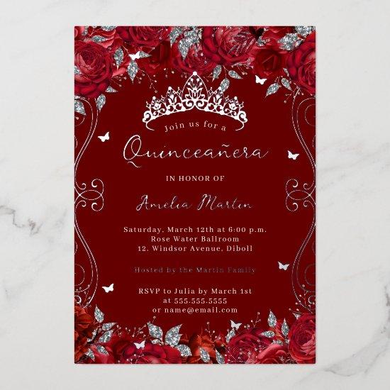 Red Silver Swirl Scroll Floral Quinceanera  Foil