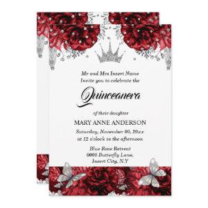 Red silver tiara butterfly blue rose quinceanera