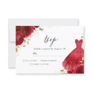 Red Sparkle Dress Rose Birthday Bridal Shower RSVP Card