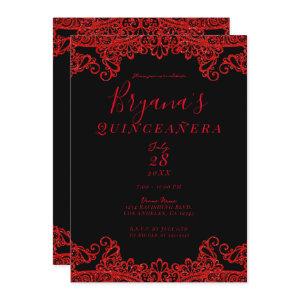 Red Sparkle Glitter Lace Black Quinceañera