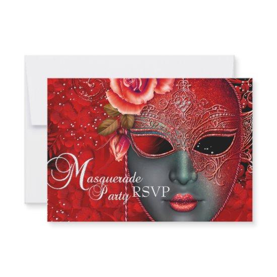 Red Sparkle Mask Masquerade Party RSVP