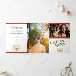 Red Traditional Mexican Floral Photo Quinceanera Tri-Fold