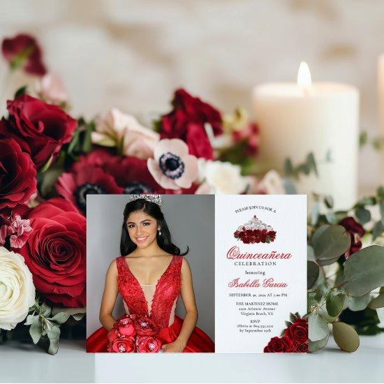 Red  Two Photo Floral Quinceanera