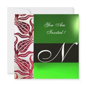RED VELVET DAMASK TULIPS MONOGRAM Burgundy Green