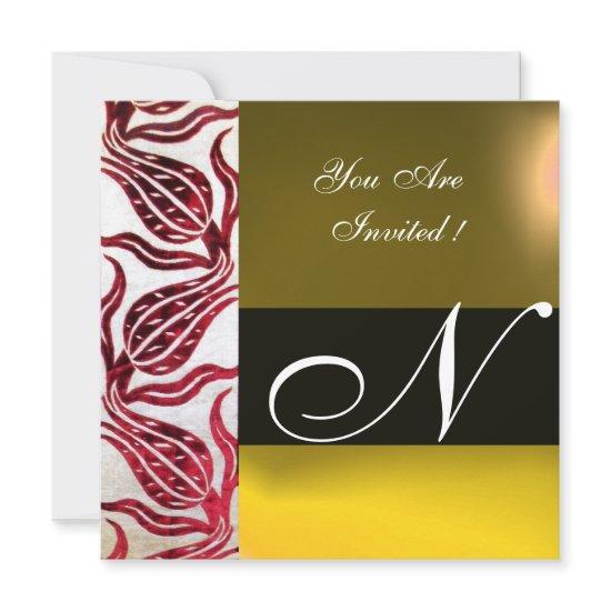 RED VELVET DAMASK TULIPS MONOGRAM Burgundy Yellow