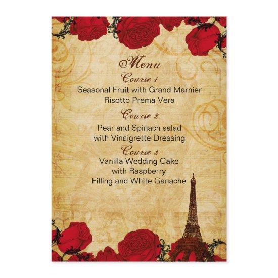 red vintage eiffel tower Paris wedding menu cards