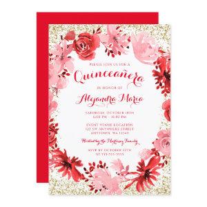 Red Watercolor Floral Gold Quinceanera