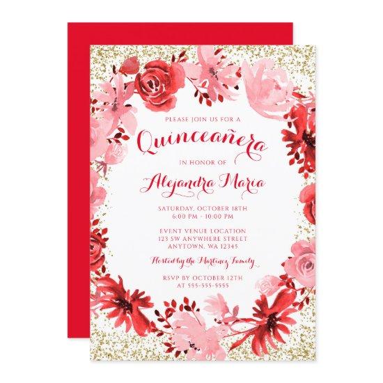Red Watercolor Floral Gold Quinceanera