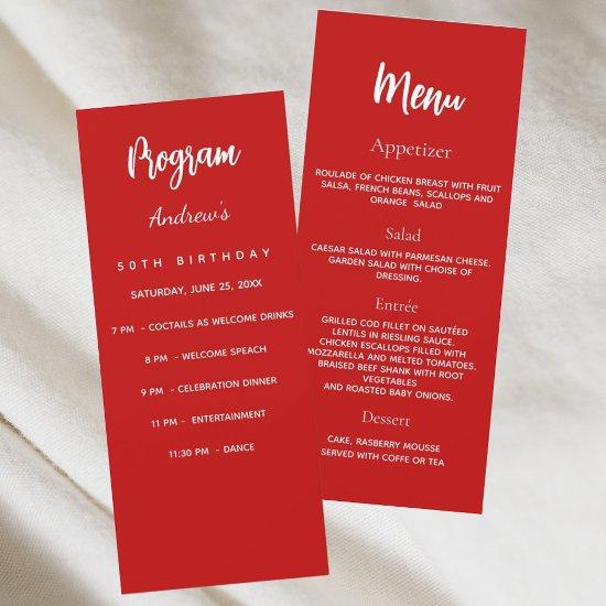 Red white birthday program dinner menu card
