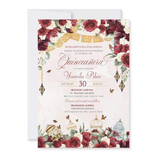 Red White Elegant Floral Butterfly Quinceanera V6