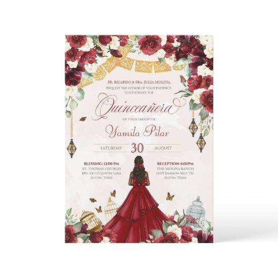 Red White Floral Butterfly Elegant Quinceanera V5